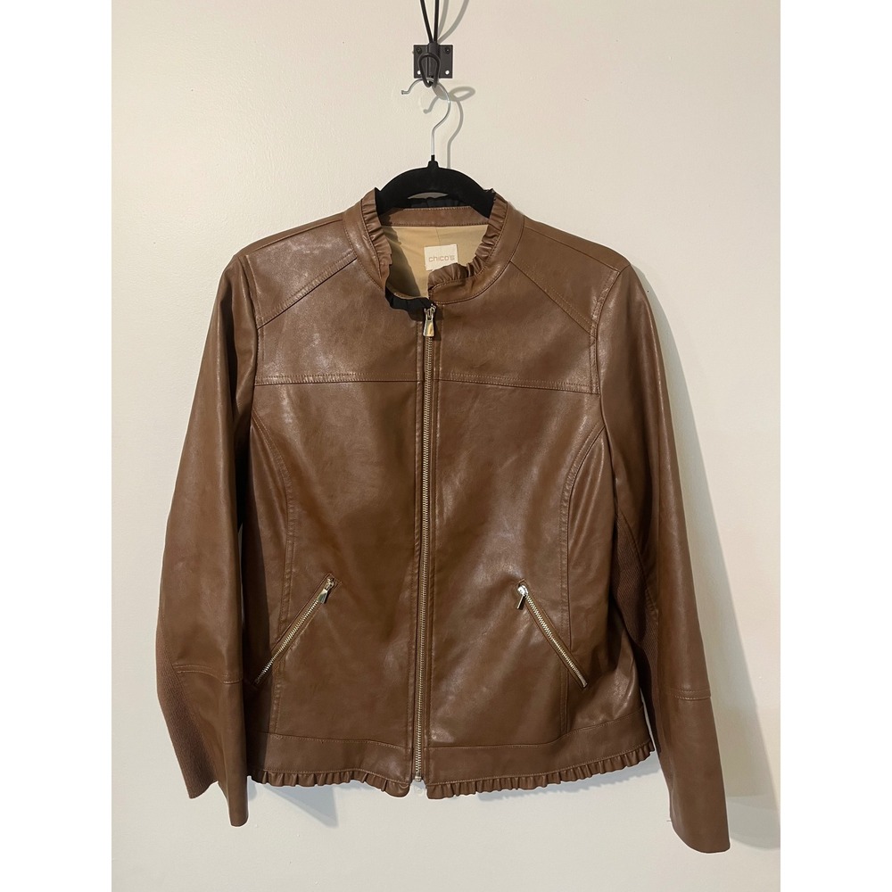 Chico's Brown Faux Leather Ruffle Trim Zip Up Moto Jacket Womens Size 1 M